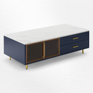 Coffee Table with 4 Drawers and 2 Glass-Door Cabinets