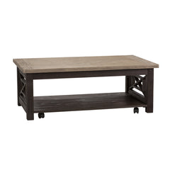 Coffee Table with Bottom Shelf, Gray Wood Top and Brown Base