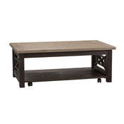 Coffee Table with Bottom Shelf, Gray Wood Top and Brown Base