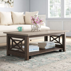 Coffee Table with Bottom Shelf, Gray Wood Top and Brown Base