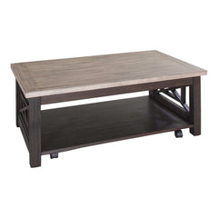 Coffee Table with Bottom Shelf, Gray Wood Top and Brown Base
