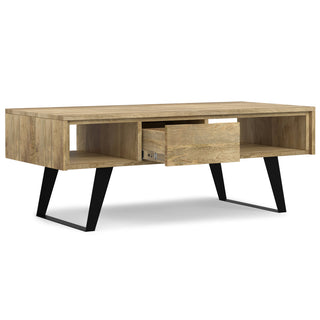 Coffee Table with Drawers, Solid Acacia Wood and Metal Base