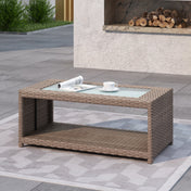 Coffee Table with Glass Top and Lower Shelf in Brown Wicker