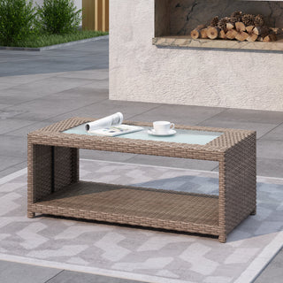 Coffee Table with Glass Top and Lower Shelf in Brown Wicker