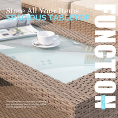Coffee Table with Glass Top and Lower Shelf in Brown Wicker