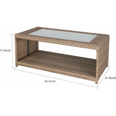 Coffee Table with Glass Top and Lower Shelf in Brown Wicker
