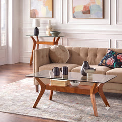 Coffee Table with Glass Top and Lower Shelf in Walnut