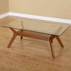 Coffee Table with Glass Top and Lower Shelf in Walnut