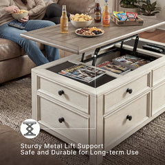 Coffee Table with Lift Top and 4 Drawers in Solid and Manufactured Wood