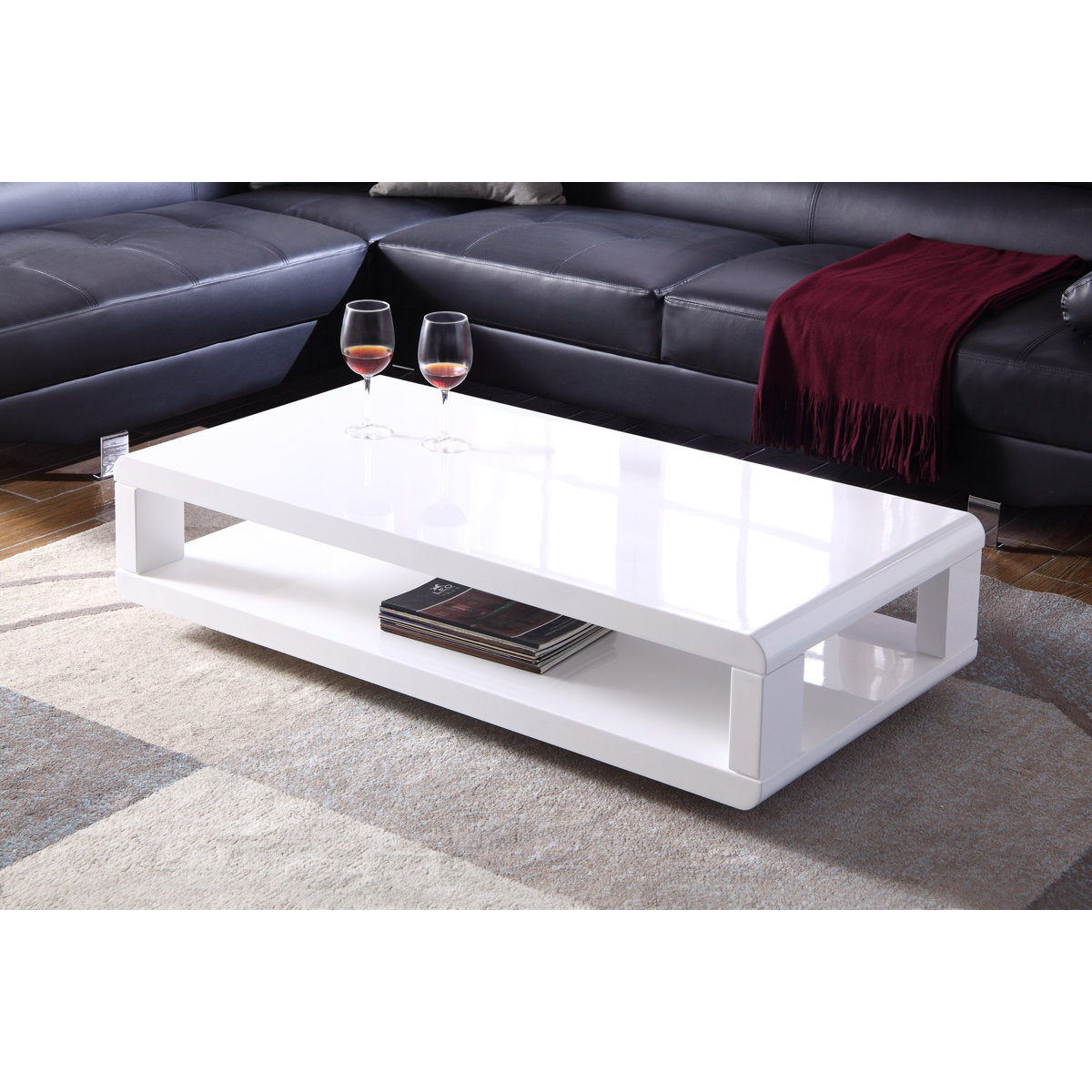 Coffee Table with Lower Shelf, 48 in Wide, White Gloss Finish