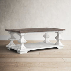 Coffee Table with Open Shelf and Casters, Gravel Top with White Base