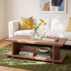 Coffee Table with Open Shelves in Brown Walnut Finish