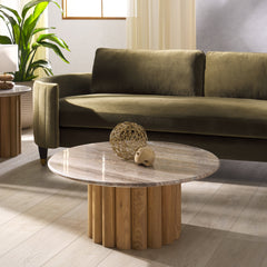 Coffee Table with Round Marble Top and Solid Wood Base