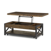 Coffee Table with Solid Wood Top and Steel Base in Rustic Brown