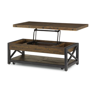 Coffee Table with Solid Wood Top and Steel Base in Rustic Brown