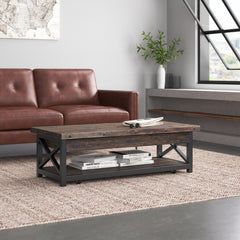 Coffee Table with Solid Wood Top and Steel Base in Rustic Brown
