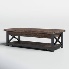 Coffee Table with Solid Wood Top and Steel Base in Rustic Brown