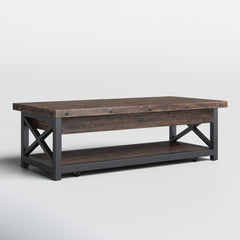 Coffee Table with Solid Wood Top and Steel Base in Rustic Brown