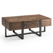 Coffee Table with Storage Drawer, Brown Wood Top with Black Steel Sled Base