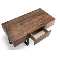 Coffee Table with Storage Drawer, Brown Wood Top with Black Steel Sled Base