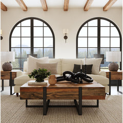 Coffee Table with Storage Drawer, Brown Wood Top with Black Steel Sled Base