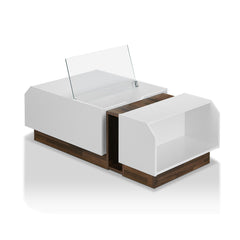 Coffee Table with Storage in White and Brown, Tempered Glass Top