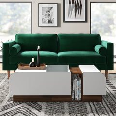 Coffee Table with Storage in White and Brown, Tempered Glass Top