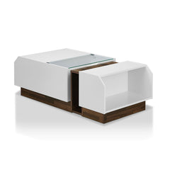 Coffee Table with Storage in White and Brown, Tempered Glass Top
