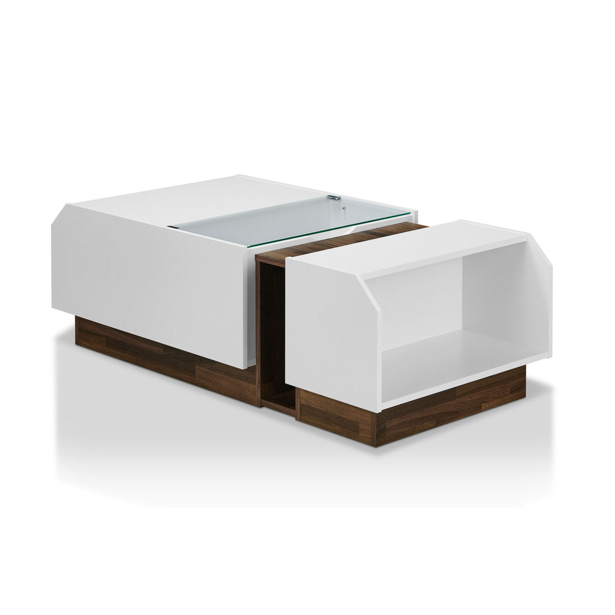 Coffee Table with Storage in White and Brown, Tempered Glass Top