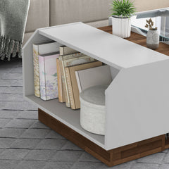 Coffee Table with Storage in White and Brown, Tempered Glass Top