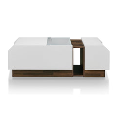 Coffee Table with Storage in White and Brown, Tempered Glass Top
