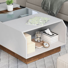 Coffee Table with Storage in White and Brown, Tempered Glass Top