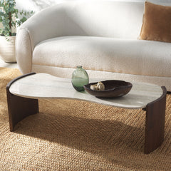 Coffee Table with Travertine Top and Dark Brown Acacia Wood Base