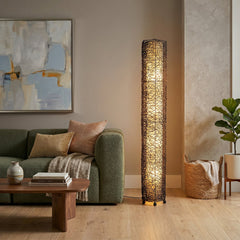 Column Floor Lamp with Woven Vine Shade and Black Base