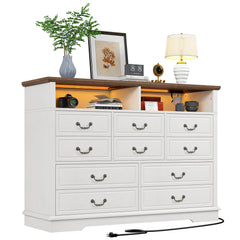 Combo Dresser, 10 Drawers, Solid and Manufactured Wood, Brown/Antique White