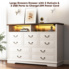 Combo Dresser, 10 Drawers, Solid and Manufactured Wood, Brown/Antique White