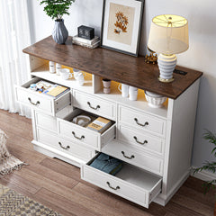 Combo Dresser, 10 Drawers, Solid and Manufactured Wood, Brown/Antique White