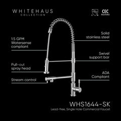 Commercial Single-Hole Faucet with Pull Out Spray Head in Polished Stainless Steel