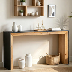 Console, 59 in Wide, Black Top with Natural Wood Base