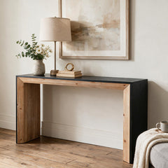 Console, 59 in Wide, Black Top with Natural Wood Base