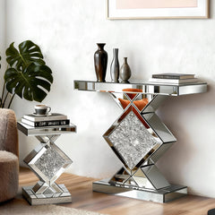 Console and End Table Set, 2-Piece, Silver Glass with Inlaid Detail
