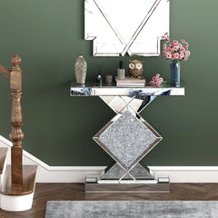 Console and End Table Set, 2-Piece, Silver Glass with Inlaid Detail