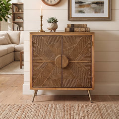 Console Cabinet with 2 Doors, Solid Wood and Brown Metal Legs