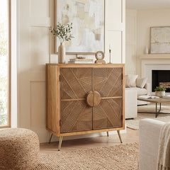 Console Cabinet with 2 Doors, Solid Wood and Brown Metal Legs