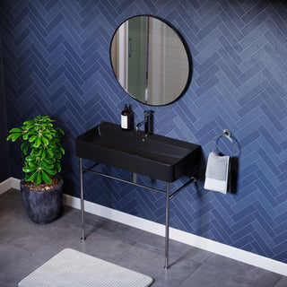 Console Sink, Carre, Ceramic with Chrome Legs in Matte Black