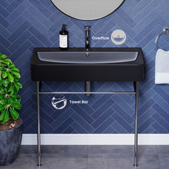 Console Sink, Carre, Ceramic with Chrome Legs in Matte Black