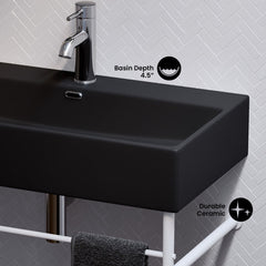 Console Sink, Claire, 30-Inch Ceramic in Matte Black with Matte White Legs