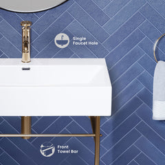 Console Sink, Claire, 30 Inch Ceramic with Towel Bar in White