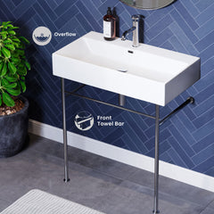 Console Sink, Claire, Ceramic with Towel Bar in White