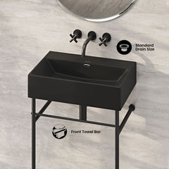 Console Sink, Claire, Rectangle with Towel Bar in Matte Black